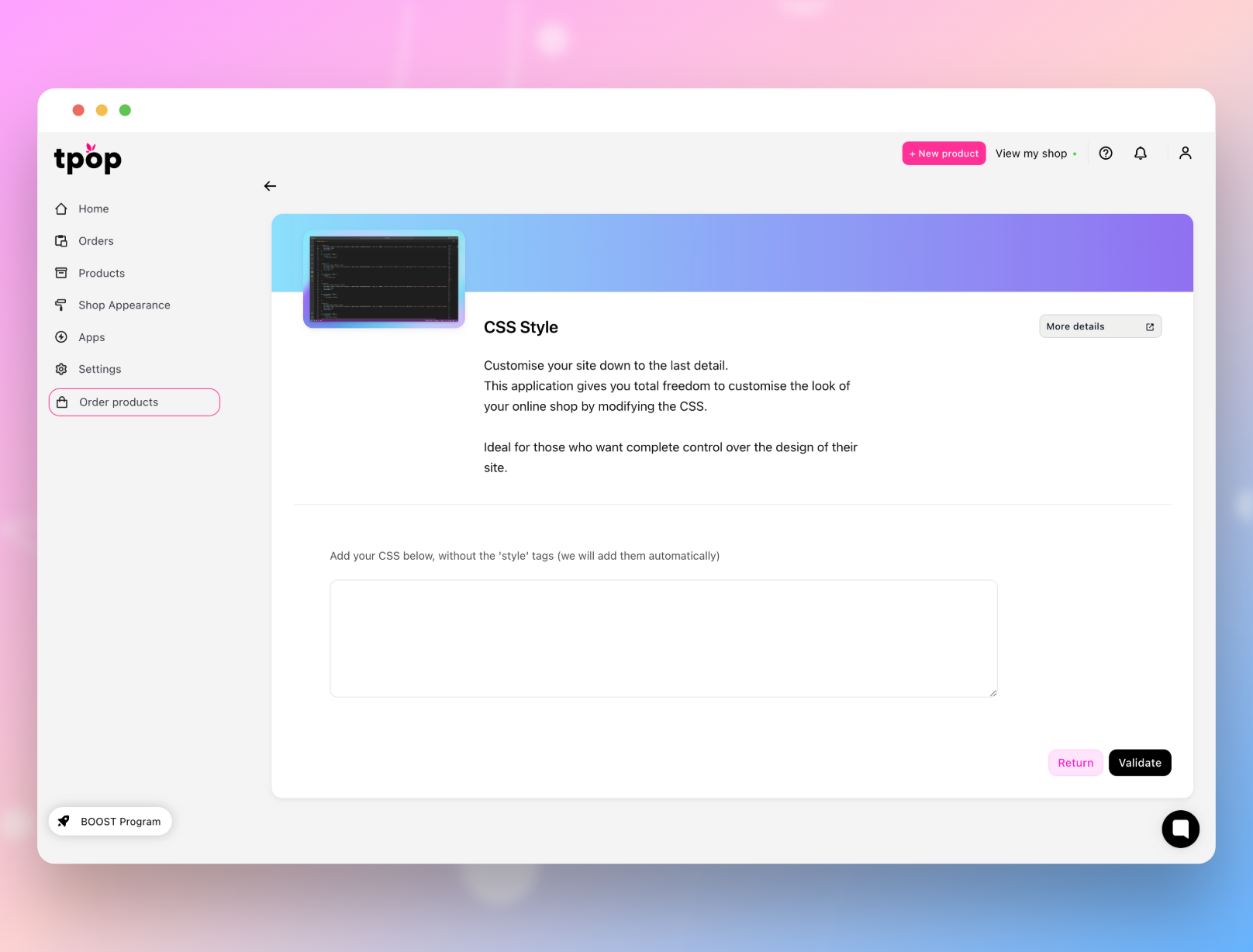 Tableau de bord de notre application print on demand